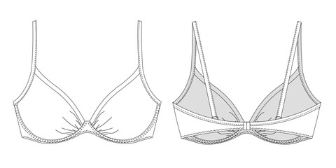 Hand drawn woman bikini, technical vector drawing, template, sketch, flat, mock up. Recycled fabric swimwear, front and back view, white color	
