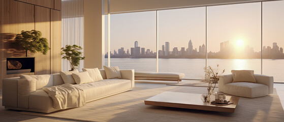 A cozy modern vacation penthouse apartment with a contemporary white interior design. The home has views of the city.
