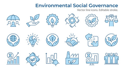 ESG flat icons, such as ecology, environment social governance, risk management, sustainable developmen and more. Editable stroke. - 620413505