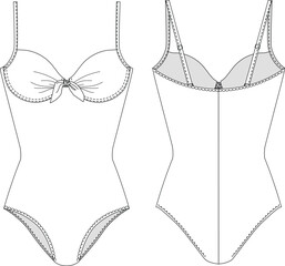 Hand drawn woman bikini, technical vector drawing, template, sketch, flat, mock up. Recycled fabric swimwear, front and back view, white color	
