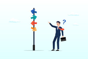 Confusing businessman looking at multiple road sign with question mark and thinking which way to go, business decision making, career path, work direction or choose the right way to success (Vector)