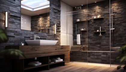 Modern stylish bathroom interior with stone tiles.