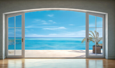  an open window with a view of the ocean and a palm tree.  generative ai