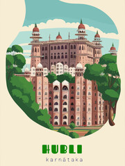 Beautiful retro-styled poster of with a city and the name Hubli in Karnātaka