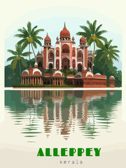 Beautiful retro-styled poster of with a city and the name Alleppey in Kerala - obrazy, fototapety, plakaty