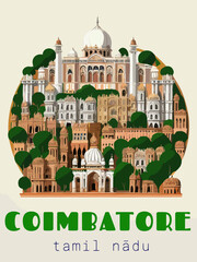 Beautiful retro-styled poster of with a city and the name Coimbatore in Tamil Nādu