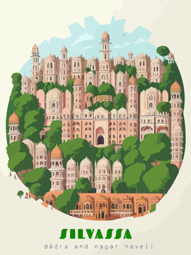 Beautiful retro-styled poster of with a city and the name Silvassa in Dādra and Nagar Haveli