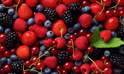 Obraz na płótnie Canvas berries, raspberries, and blueberries are arranged together. generative ai