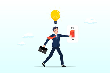 Smart businessman turn on light bulb switch to lit up idea, business idea and solution to solve company problem or innovation and strategy to win business success concept (Vector)