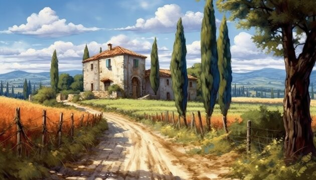 Watercolor landscape with a vineyard and a house