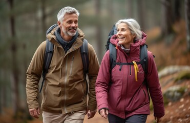 elderly couple hiking in the woods