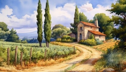 Fototapeta na wymiar Watercolor landscape with a vineyard and a house