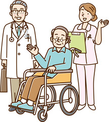 医者と女性看護師と車椅子に乗ったシニア男性
