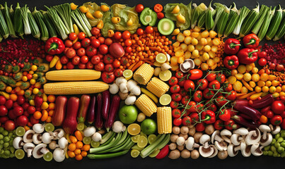  a large display of vegetables and fruits on a black background.  generative ai