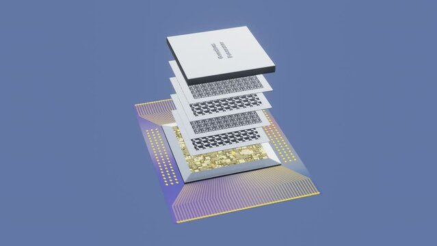 Quantum processor concept with quantum qubits circuit boards in layers, wiring, cover, 3D rendering, an exploded view, on a gray background