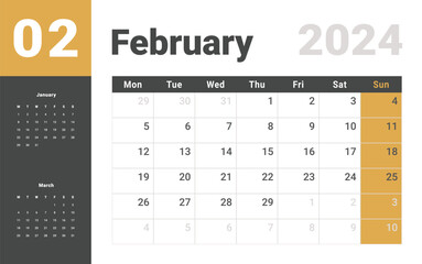 Monthly Calendar Template of february 2024. Vector layout simple calendar with week start Monday.