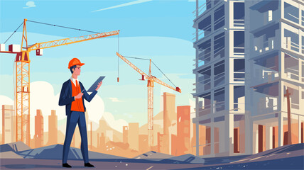 Architect Holding Blueprints in Construction Flat Cartoon Vector Illustration. Man with Project in Helmet and Suit. Crane Constructing House.