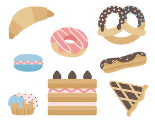 Set of different sweets. Delicious pastries in flat style.