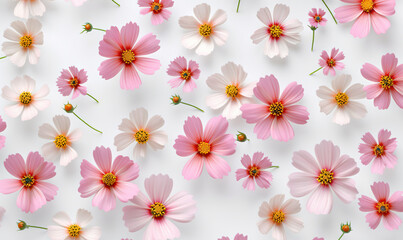  a group of pink and white flowers on a white background. generative ai