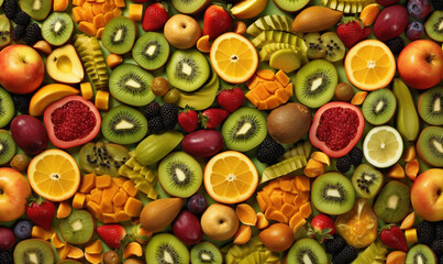  a bunch of different fruits are arranged in the shape of a wall.  generative ai