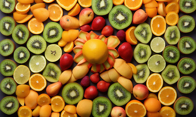  a bunch of fruit is arranged in a square shape with a spider on top.  generative ai