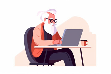 Fototapeta na wymiar Generative AI. Elderly man adapting to new technologies and Internet, flat cartoon vector illustration isolated on white background. Seniors deal to modern technology.