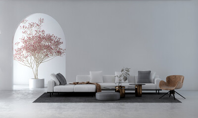 Modern sofa and white living room and empty wall texture background interior design, 3d rendering.