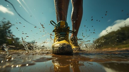 Muddy sneakers showcase the grit inherent in sports, embodying the resilience concept that's fundamental to athletic pursuits and triumphs. Generative AI - obrazy, fototapety, plakaty