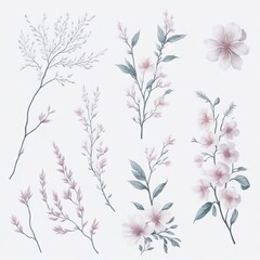"Whimsical Blooms: Minimal Watercolor Collection of Sakura Floral Decorations on White"