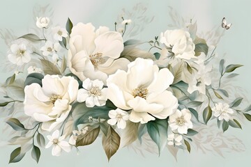 Obraz na płótnie Canvas watercolor white flowers on green background. Illustration. Generative AI.