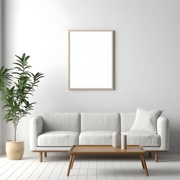 Poster frame mockup in modern interior background, living room, Scandinavian style. Blank horizontal poster frame mock up in Scandinavian style living room interior