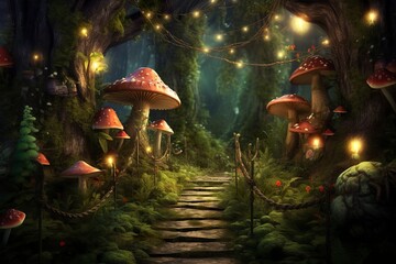 Obraz na płótnie Canvas background fairy wood with a single path, zoom on a small portion of the path and add trees, moss, fireflies and mushrooms as additional decorations. AI Generative