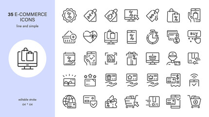 E-commerce and Online Shopping Vector Icons Set - Discounts, Sales, Online Shopping, Marketplace Promotion, Gifts, Coupons, Delivery, Customer Card, Online Offers, Cash on Delivery, Internet Payments.