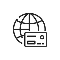 Global Payment Icon. Vector Linear Editable Sign of an Internet Globe and a Bank Card, Symbolizing Worldwide Online Transactions, Online Banking, and Digital Commerce.
