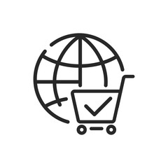 Global Shopping Icon. Vector Linear Editable Sign of a Shopping Cart and Planet Network, Symbolizing E-commerce and International Trade. Ideal for Web, Online Shopping, and Global Business Concepts.