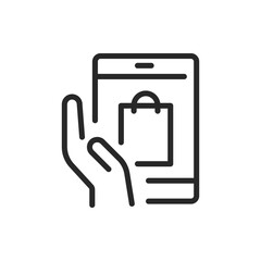 Mobile Shopping Icon. Vector Linear Editable Sign of Online Shopping or purchasing. Vector Illustration of Smartphone with Shopping Bag Emblem and Users Hand.