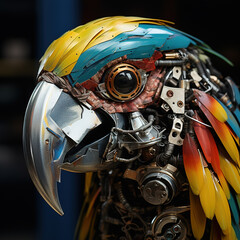 Fototapeta premium Image of macaw parrot face made with steel and various metals on clean background. Birds. Wildlife Animals. Illustration, Generative AI.