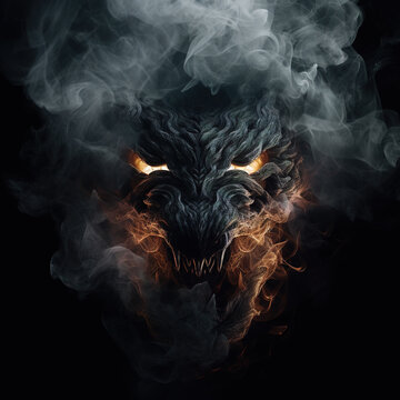Image of an angry dragon face with fire smoke on black background. Mythical creatures. Illustration, Generative AI.