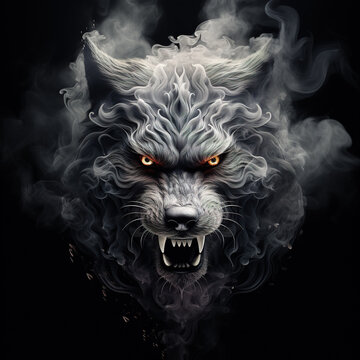 Image of an angry wolf face with fire smoke on black background. Wildlife Animals. Illustration, Generative AI.
