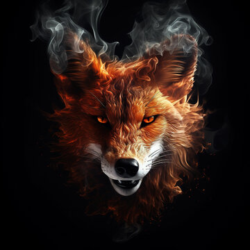 Image of an angry fox face with fire smoke on black background. Wildlife Animals. Illustration, Generative AI.