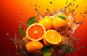 Fototapeta na wymiar fruit splashing water on an orange background. orange in water splash. Illustration. Generative AI.