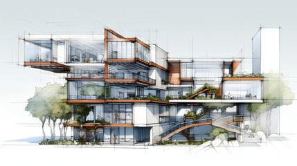 An intricate drawing depicts a sustainable project, showcasing eco-friendly design principles and innovative green solutions. Generative AI