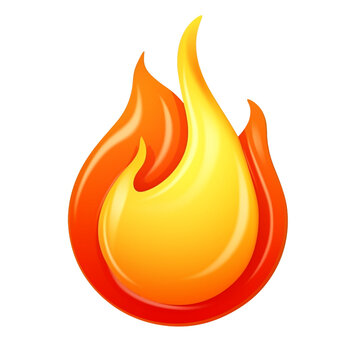 3d fire flame orange color icon with hot sparks. Realistic burn gas for emoticon, energy, power symbol. Digital element PNG isolated transparent background