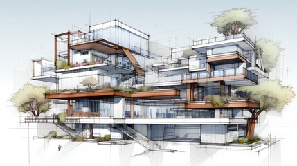 An intricate drawing depicts a sustainable project, showcasing eco-friendly design principles and innovative green solutions. Generative AI