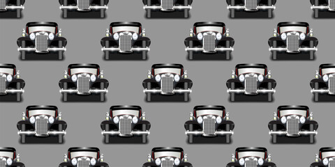 Vector rectangular seamless pattern. Retro cars with large shiny headlights, rounded fenders and nickel-plated bumpers. Dark textured.