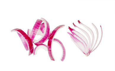 Red onion slices isolated on a white background, top view.
