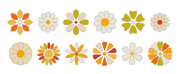 Trendy retro color flower collection. Daisy chamomile icon set 