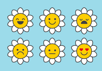 Obraz premium Daisy flower with funny smiling faces. Cute chamomile character. Bloom camomile happy emotion vector icon set 