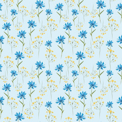 Trendy seamless floral textile print. Aerial flora pattern. Summer wildflowers cornflowers seamless background. Vector, hand drawing