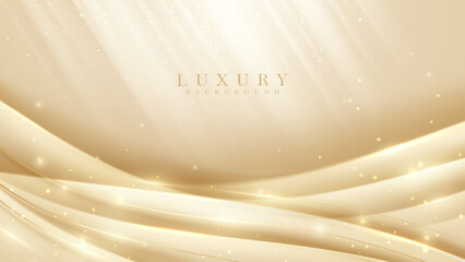 Cream colored luxury background with golden elegant ribbon with light effect with bokeh decoration.